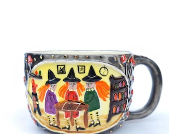 Hand-painted Ceramic Mug “Witches in the Cottage” • Autumn Witchcraft Art Pottery • Artisan Gift for Women