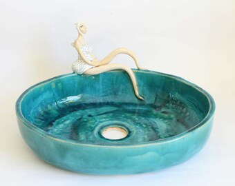Handmade Turquoise Ceramic Sink – Table‑Top Vessel Washbasin