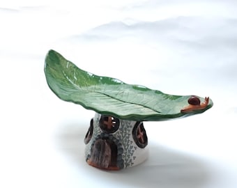Fairy Mouse House Ceramic Cake Stand, Handmade Leaf Pedestal Bowl, Fantasy Fruit Stand, Whimsical Cottage Decor, One of a Kind Art