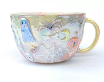Spooky mug, halloween, pastel, ceramic mug, illustrated ceramics, magic, witchcraft, gold decoration