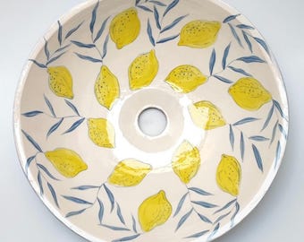 Hand Painted Lemon Ceramic Vessel Sink – Mediterranean Bathroom Basin, Artistic Vanity