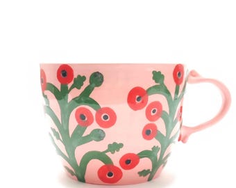 Handmade Poppy Mug | Hand Painted Ceramic Coffee Cup | Floral Pottery Mug | Botanical Tea Cup | Folk Art Cottagecore Gift