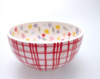 Handmade Retro Rustic Ceramic Bowl – Tartan Floral Motif with Bumblebee Gold Accent – Artisan Pottery