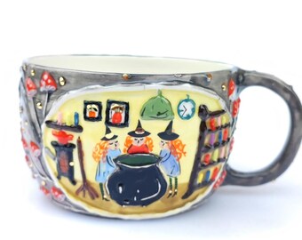 Hand-painted Ceramic Mug “Witches in the Cottage” • Autumn Witchcraft Art Pottery • Artisan Gift for Women