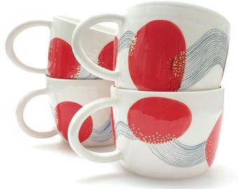 Tasse à café en céramique peinte à la main, design abstrait rouge, poterie faite main