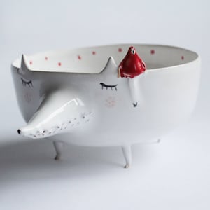 Peter the Wolf with Little Red Riding Hood ceramic bowl, planter, MADE TO ORDER image 1