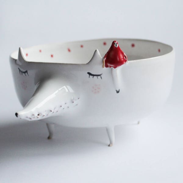 Peter the Wolf with Little Red Riding Hood - ceramic bowl, planter, MADE TO ORDER