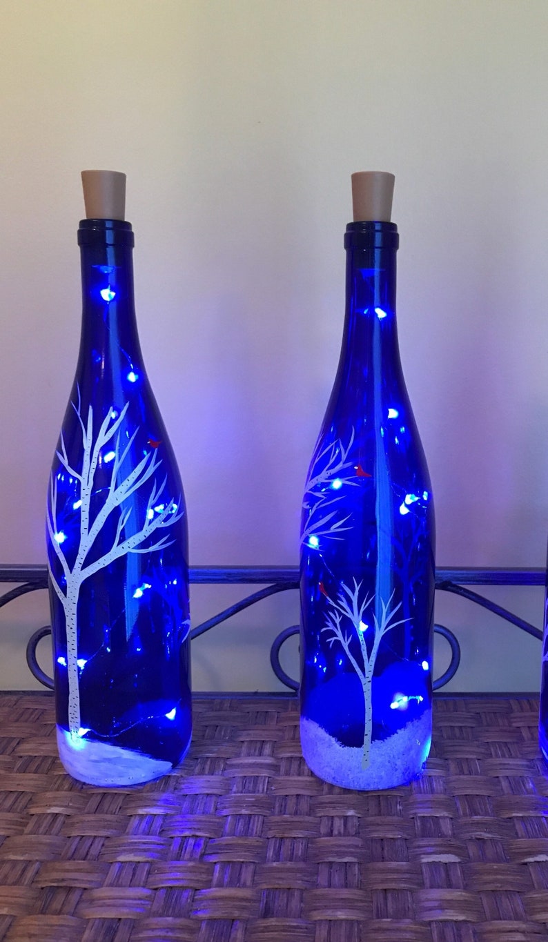 Handpainted Lighted Blue Wine Bottle With Birch Trees and Etsy Canada