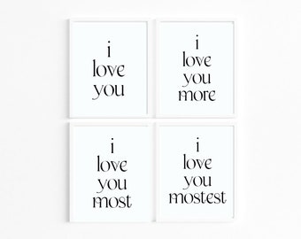 Te amo, te amo más, te amo más, te amo más por encima de la decoración de la cama, romántico dormitorio de arte de pared, regalo de aniversario para el esposo