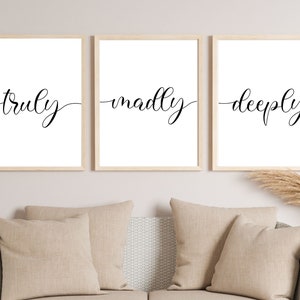 Truly Madly Deeply, Printable Wall Art Set of 3, Master Bedroom Wall Decor Over The Bed, 1st Anniversary Gift for Husband, Romantic Wall Art