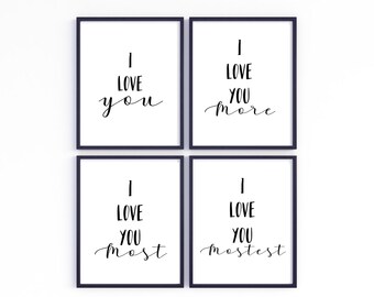 Te amo, te amo más, te amo más, te amo más por encima de la decoración de la cama, romántico dormitorio de arte de pared, regalo de aniversario para el esposo