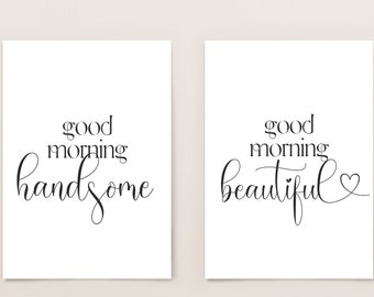 Buongiorno Bellissimo, set di arte murale stampabile di 2, decorazione murale della camera da letto sul letto, regalo del 1 ° anniversario per il marito, arte della parete sopra il letto
