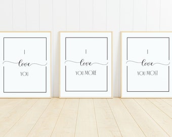 Te amo Te amo más Te amo más por encima de la decoración de la cama, regalo del 1er aniversario para el esposo, arte romántico de la pared, decoración de la pared del dormitorio sobre el