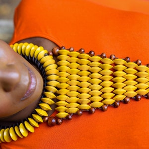Handmade Wood Bead Statement Necklace, Yellow African Design, catwalk jewellery, gift for her