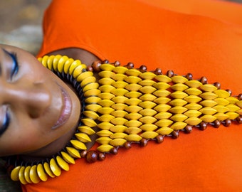 The EMPRESS necklace,wood necklace ,Bead necklace,Yellow Necklace ,Statement Necklace, Bold necklace,African Necklace, Handmade necklace