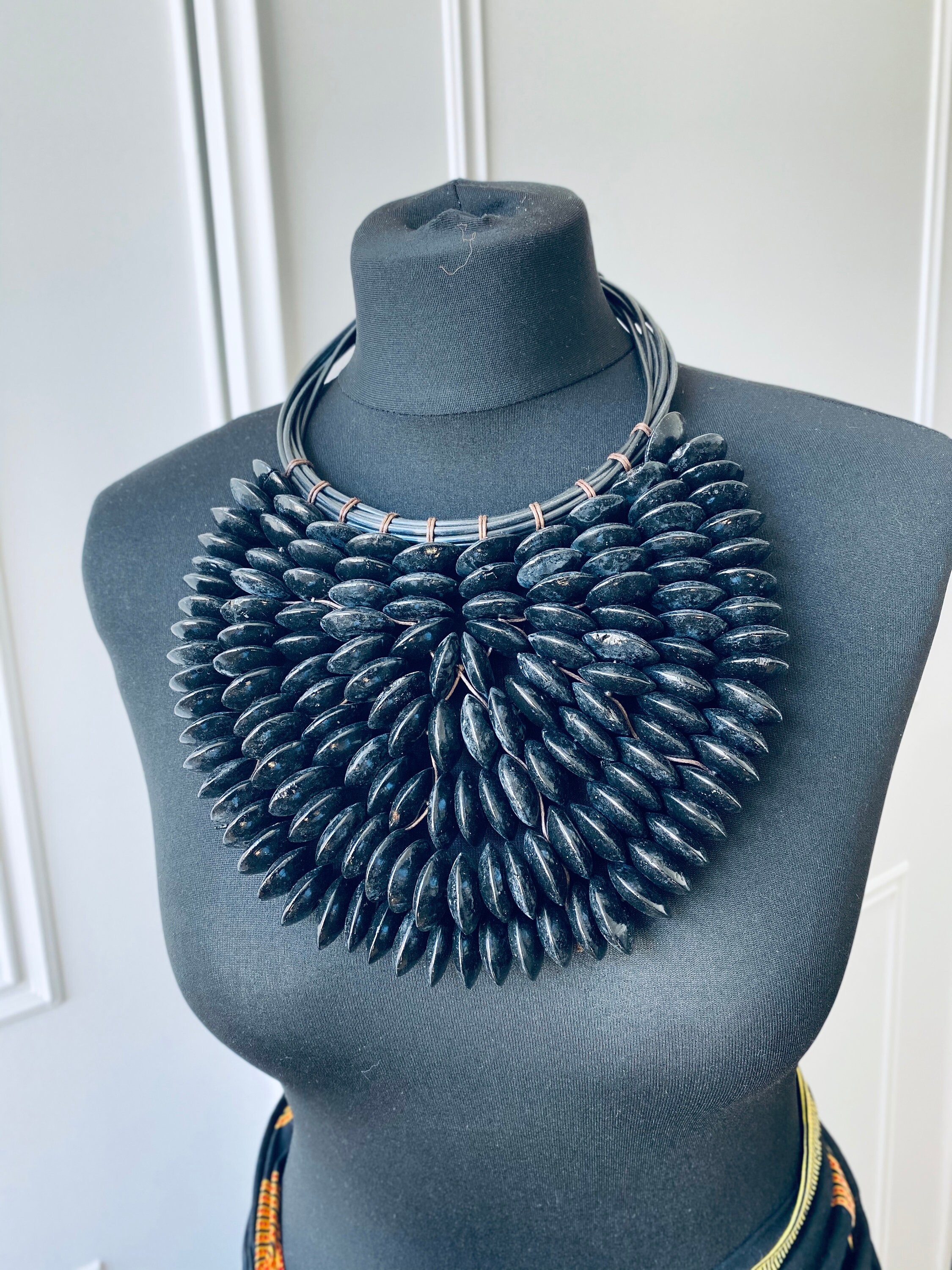 Oversized Wood Beaded Tribal Necklace, Handmade Statement Jewelry