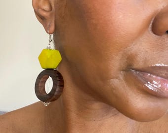 Handcrafted Lime Green Wood Earrings, Sustainable Boho Jewelry