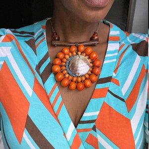 Wood Sunshine Necklace, Tribal Beaded Necklace, Mother of Pearl, handmade with love , statement jewellery.