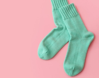 Mint Blue Hand Knitted Merino Wool Socks, Warm Handmade socks, Unisex slipper socks, Women knit slipper, Men knit slipper