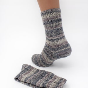 Grey and White Hand Knitted Wool Socks, Warm Handmade socks, Unisex slipper socks, Women knit slipper, Men knit slipper image 5