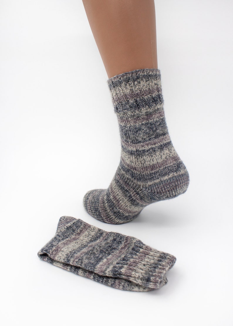 Grey and White Hand Knitted Wool Socks, Warm Handmade socks, Unisex slipper socks, Women knit slipper, Men knit slipper image 5