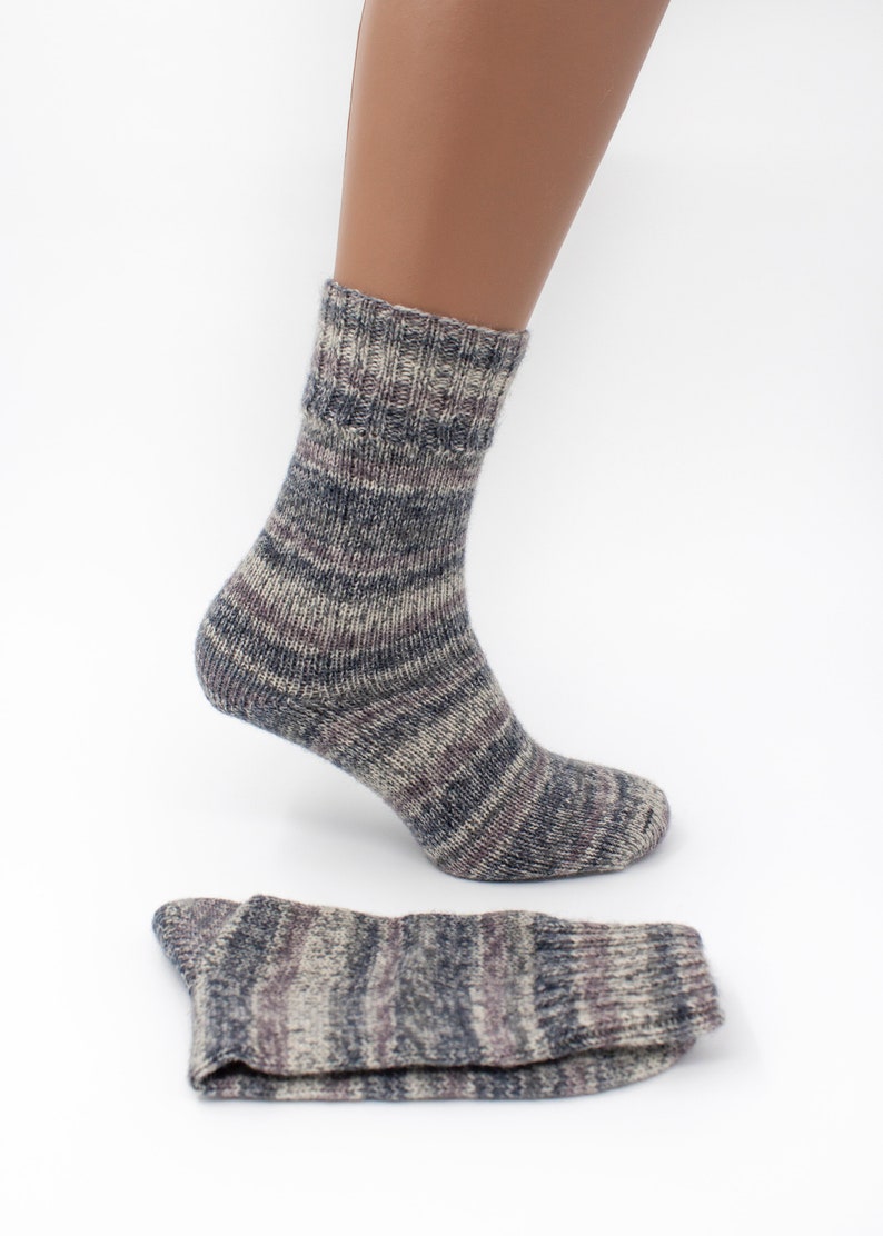 Grey and White Hand Knitted Wool Socks, Warm Handmade socks, Unisex slipper socks, Women knit slipper, Men knit slipper image 2