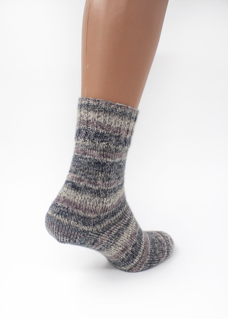 Grey and White Hand Knitted Wool Socks, Warm Handmade socks, Unisex slipper socks, Women knit slipper, Men knit slipper image 3