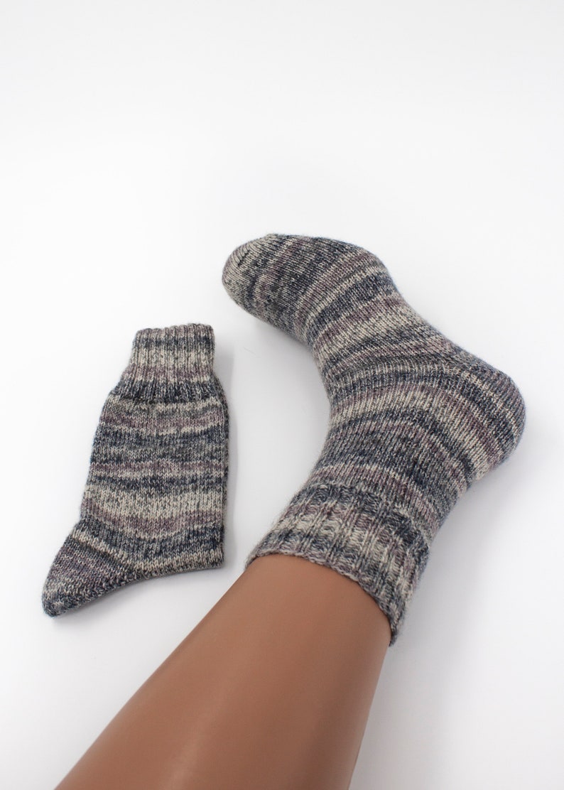 Grey and White Hand Knitted Wool Socks, Warm Handmade socks, Unisex slipper socks, Women knit slipper, Men knit slipper image 10