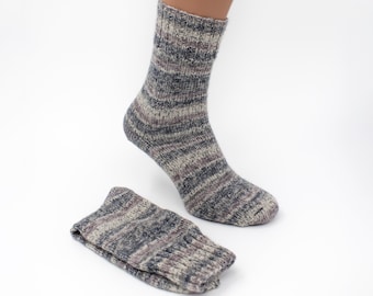 Grey and White Hand Knitted Wool Socks, Warm Handmade socks, Unisex slipper socks, Women knit slipper, Men knit slipper