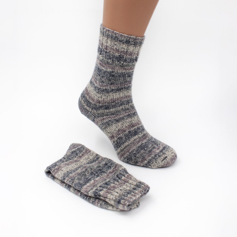 Grey and White Hand Knitted Wool Socks, Warm Handmade socks, Unisex slipper socks, Women knit slipper, Men knit slipper image 1