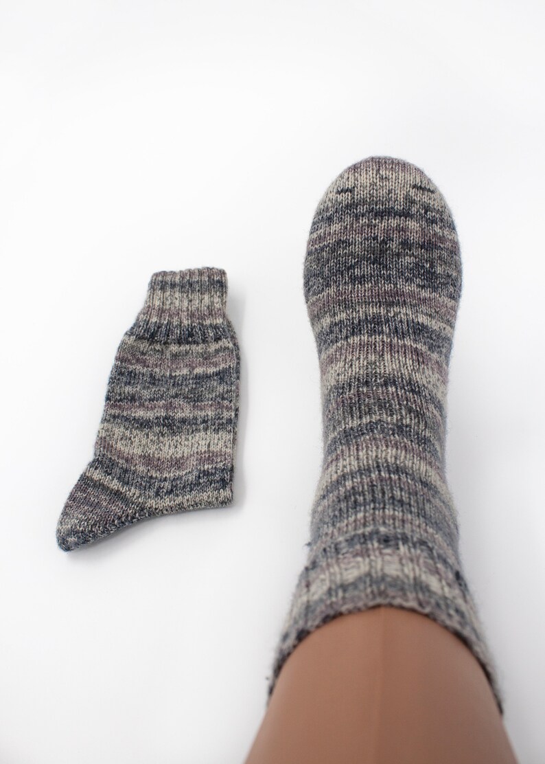 Grey and White Hand Knitted Wool Socks, Warm Handmade socks, Unisex slipper socks, Women knit slipper, Men knit slipper image 9