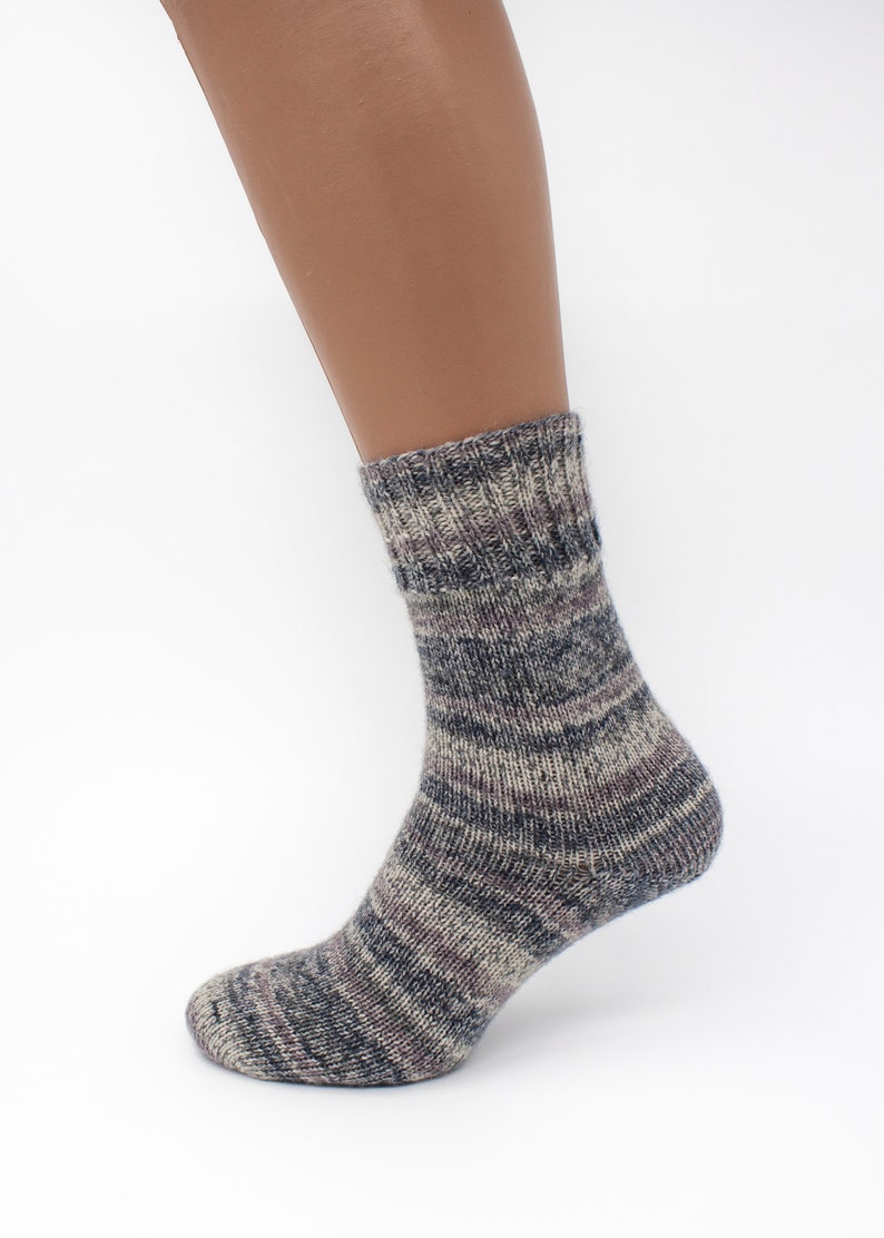 Grey and White Hand Knitted Wool Socks, Warm Handmade socks, Unisex slipper socks, Women knit slipper, Men knit slipper image 6