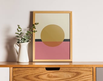 Sunrise Sunset abstracte kunst, minimale cirkel Art Print, retro kleuren poster kunst, Mid Century moderne kunstwerken, Instant kleurrijke kunst downloaden