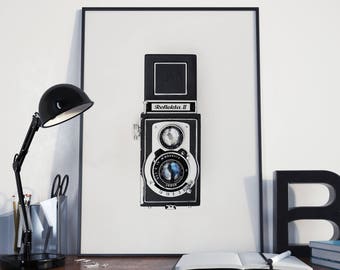 Vintage Camera Print, Photography Lover Gift, Retro Camera Art Print, Printable Home Decor, Downloadable Art, Minimalist Black & White Print