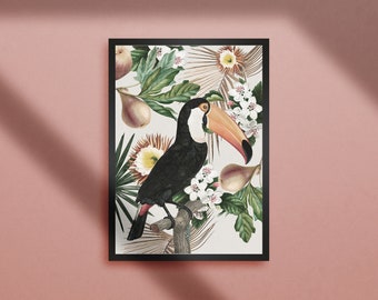 Toucan Tropical Art Print, Botanical Plant Art, Jungle Artwork, Green Plant Wall Art, Vintage Plant Art, Vintage Animal Print, Tropical Bird