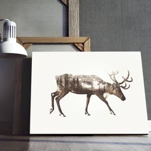 Deer Print, Double Exposure Art, Woodland Animal Art, Forest Deer Print, Trees Landscape Art , Instant Download Art, Printable Art Download