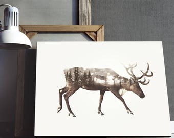 Deer Print, Double Exposure Art, Woodland Animal Art, Forest Deer Print, Trees Landscape Art , Instant Download Art, Printable Art Download