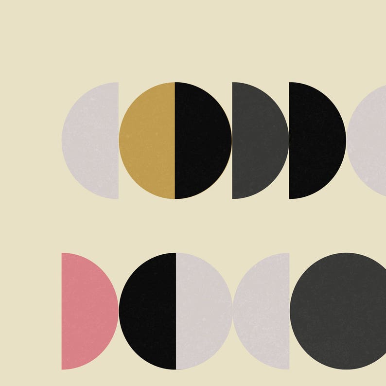 May include: Abstract geometric design with a series of half circles in black, white, gray, gold, and pink.