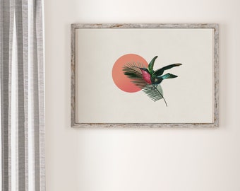 Palm Leaf Bird Print, Abstract Mid century Modern, Tropical Bird Art, Humming Bird Illustration, Sunset Tropical Art, Tropical Leaf Artwork