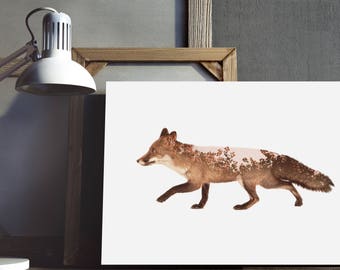 Fox Print, Double Exposure Art, Forest Animal Art, Woodland Fox Print, Trees Landscape Art , Downloadable Art, Printable Art, Fox Artwork