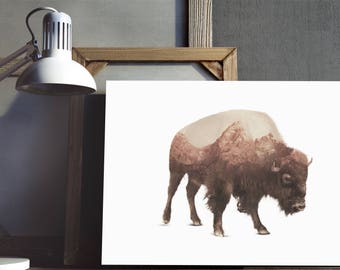 Buffalo Print, Double Exposure Art, Bison Animal Art, Landscape Print, Mountain Art Print, Instant Download Art, Instant Printable Art
