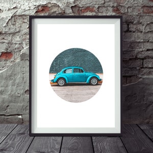 Volkswagen Beetle Vintage Print, Instant Download Blue VW Car Printable Art, Retro Blue Art Print, Classic Car Poster Print, Motoring Art