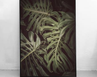 Palm Leaves Print, Tropical Plant Art, Green Leaves Print, Botanical Printable Art, Dark Green Art, Downloadable Art Print