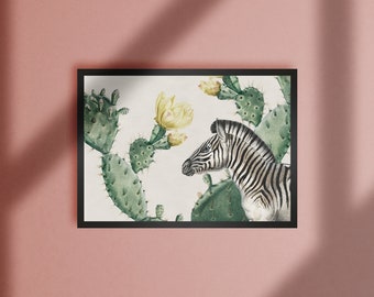 Vintage Zebra Art Print, Cactus Wall Art, Black and White Zebra, Vintage Yellow Flower Print, Succulent Plant Print, Vintage Botanical Art