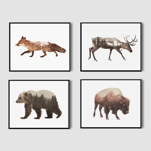 May include: Set of four framed prints featuring a fox, a reindeer, a bear, and a bison. Each animal is silhouetted against a landscape of trees and mountains.