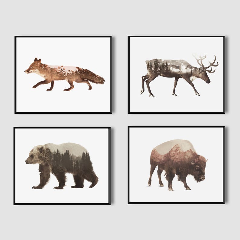 May include: Set of four framed prints featuring a fox, a reindeer, a bear, and a bison. Each animal is silhouetted against a landscape of trees and mountains.