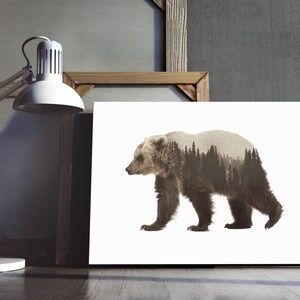 May include: A brown bear with a forest scene superimposed over its body. The bear is walking to the right. The background is white.
