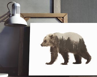 Bear Print, Double Exposure Art, Woodland Animal Art, Bear Photography Print, Forest Art Print, Instant Download Art, Printable Animal Print