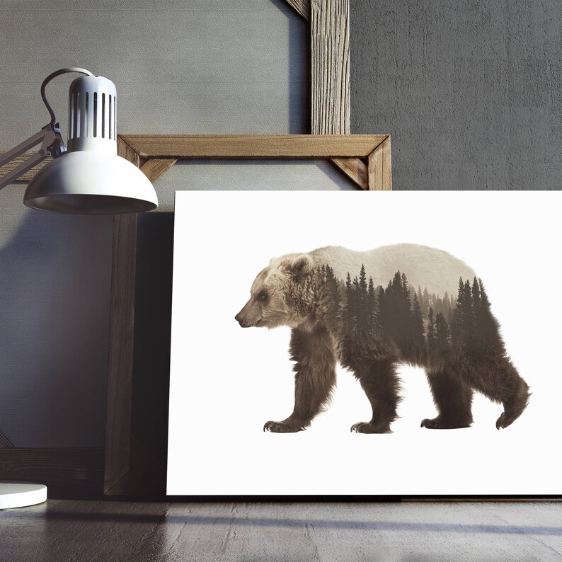 May include: A brown bear with a forest scene superimposed over its body. The bear is walking to the right. The background is white.