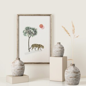 Vintage Leopard Art Print, Mid century Modern Art, Jungle Theme Tiger Art, Contemporary Tiger Wall Art, Digital Download Leopard, Palm Tree